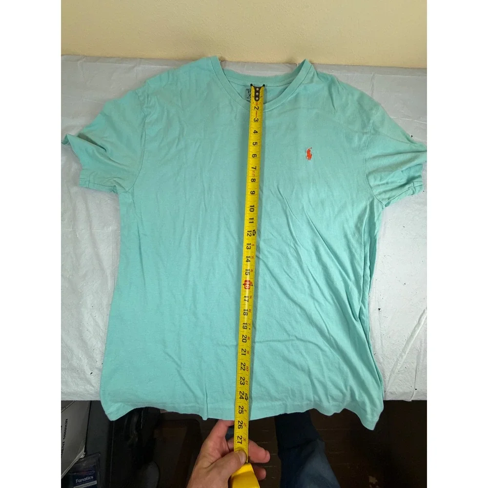 Polo Ralph Lauren Mens V-Neck T-Shirt Medium Aqua Blue Cotton Orange Pony Logo